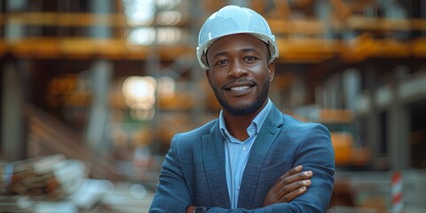 Wall Mural - a contractor in construction smiles confidently. He is standing with his arms folded in front of a building in construction. He is wearing a formal blue suit and a white helmet.