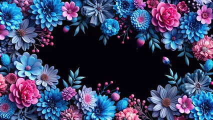 Sticker - Abstract blue and pink flowers on black background seamless pattern, floral, abstract, seamless, repeatable, texture, blue