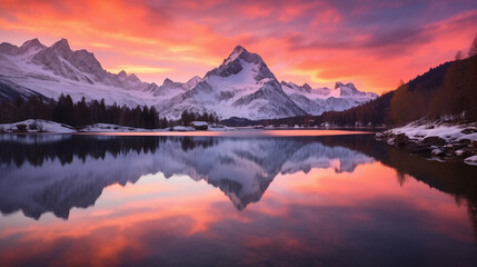 Wall Mural - Snowy Mountain Twilight with Reflective Lake and Dramatic Sky