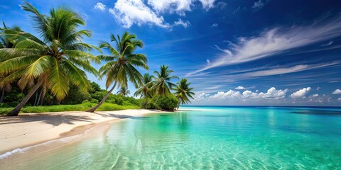 Sticker - Spectacular beach view with clear turquoise water, golden sand, and palm trees, beach, view, ocean, tropical