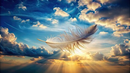 Poster - Feather delicately floating in the sky with clouds in the background, feather, sky, clouds, delicate, floating, light, airy