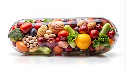 Poster - Close-up of a pill filled with fruits, vegetables, nuts, and beans for health and wellness , nutrition, vitamin, supplement