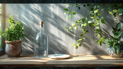 Wall Mural - Sunlight on a Wooden Shelf