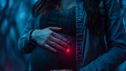 Wall Mural - side view of pregnant woman at night with her hand on chest, under a thin silk blanket, in a blue color scheme, mysterious, spiritual, dark, in a nature setting