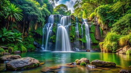 Sticker - Beautiful waterfall surrounded by lush greenery and rocks , nature, landscape, water, cascade, scenic, flowing