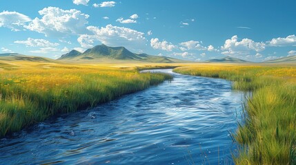 Sticker - Serene River Flowing Through a Lush Meadow