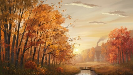 Poster - A painting of a bridge over water in the middle of an autumn forest, AI