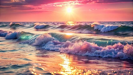 Sticker - Gorgeous sunlit ocean waves with sparkling water and pink hues, ocean, waves, sparkles, water, pink, hues, sunlight, sunny