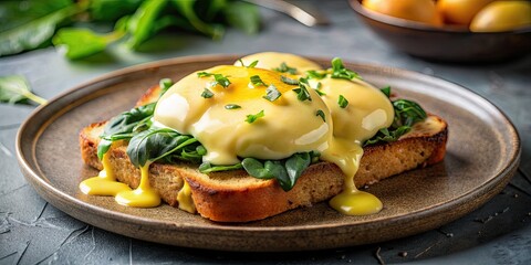 Poster - Elevated open-faced egg toast sandwich with spinach and hollandaise sauce on modern plate, food, breakfast, brunch