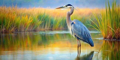 Wall Mural - Oil painting of a solitary great blue heron standing in a serene marsh, wildlife, nature, tranquil, marshland, waterfowl