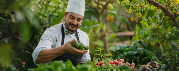 Wall Mural - Chef examining freshly harvested greens in a lush garden