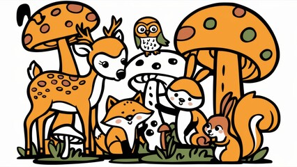 Canvas Print - A group of cartoon animals are sitting around a mushroom, AI