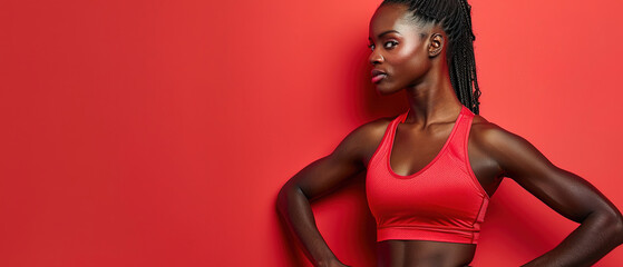 Canvas Print - a woman with abdominal muscles on plain studio background, arms at side, wearing red Sport clothes, sport advertising