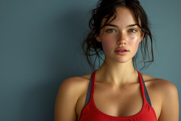 Wall Mural - a woman with abdominal muscles on plain studio background, arms at side, wearing red Sport clothes, sport advertising