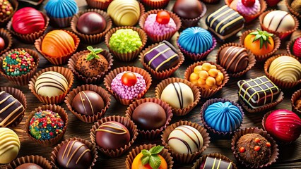 Wall Mural - Colorful chocolates arranged in a beautiful background, chocolates, colorful, arrangement, sweets, dessert