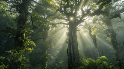 Wall Mural - Sunlight Streaming Through Forest Canopy