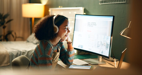 Aufkleber - Education, woman and headphones at night for lesson, research or reading at computer. Female student, online business lecture or video call in home for knowledge, elearning or productivity in evening