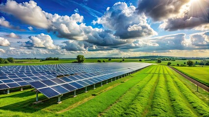 Wall Mural - Solar farm with rows of panels on green field on clear day with clouds in sky, solar energy