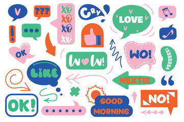 Set of stickers in flat cartoon design. The collection depicts a set of stickers made in bright colors and in a youthful, modern style. Vector illustration.