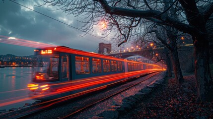 Sticker - Tram Train Speed Through City at Dusk