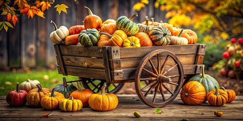 Sticker - Vintage wooden pumpkin cart filled with colorful gourds and pumpkins, fall, harvest, autumn, rural, farm, agriculture