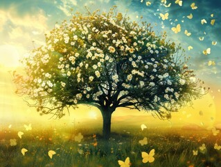 Sticker - A Blooming Tree in a Dreamy Meadow