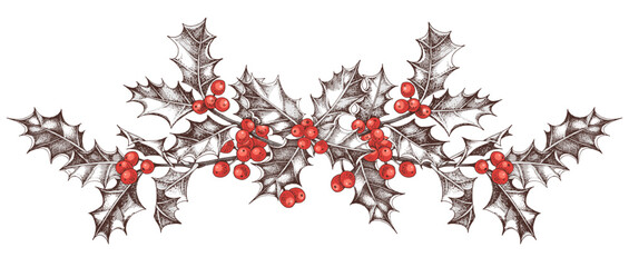 Wall Mural - Holly berry vector garland in vintage style