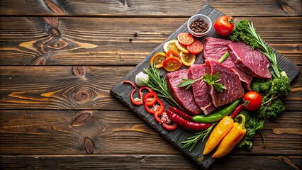 Poster - Raw sliced beef on slate plate with assorted vegetables on rustic wooden table, top view , beef, vegetables, raw, sliced