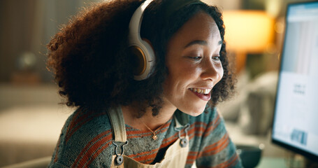 Aufkleber - Learning, woman and headphones at night with smile, research or video call at computer. Female student, online business lecture or reading in home for knowledge, elearning and productivity in evening