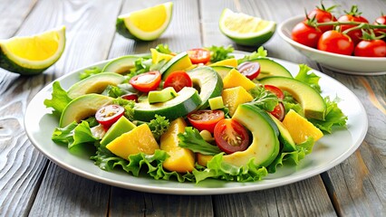 Sticker - Succulent avocado salad with zesty citrus dressing on a white plate, avocado, salad, healthy, fresh, vegetarian, green, food