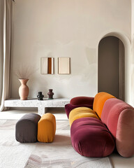 Wall Mural - Minimalist, japandi interior design of modern living room with vibrant colorful sofa.