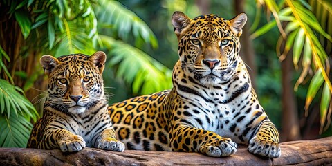 Wall Mural - jaguar and leopard relaxing in natural habitats , wildlife, big cat, predator, resting, rock, rain f