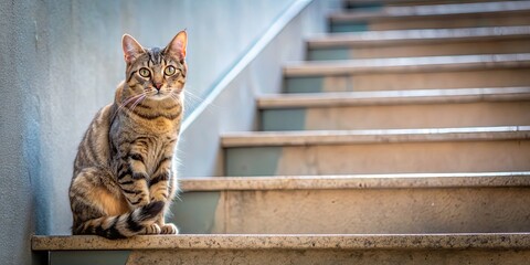 Canvas Print - Cat sitting on a staircase looking up curiously , cat, stairway, steps, curious, fluffy, feline, curious, staring, whiskers