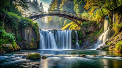 Sticker - Bridge over a tranquil river with a stunning waterfall in the background, bridge, river, waterfall, nature, scenery, landscape