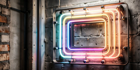 Wall Mural - Neon blur glow on a brick wall. Color light overlay. Copy space.