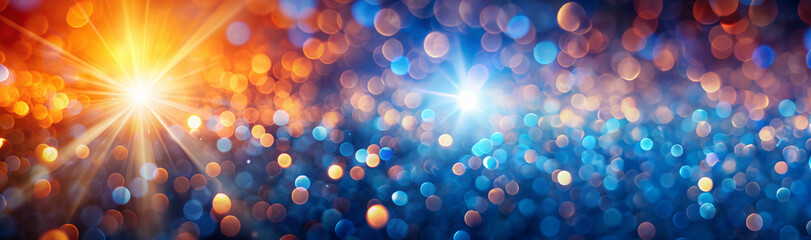 Wall Mural - Banner image. Bokeh sunlight glare leak. Defocused orange blue white light abstract background. Blur glow overlay surface. Lens flare filter. Copy space.