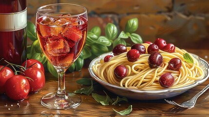 Sticker - Italian Pasta with Cherry Topping and Wine