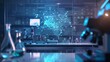© Otseira - futuristic laboratory setting with a large holographic display projecting a 3D model of a complex algorithm or neural network