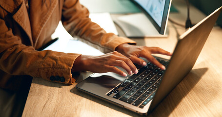 Sticker - Hands, woman and computer for online work, dark and night for deadline. Pressure, typing and journalist for female person in office and rush, technology and project for headline article on laptop