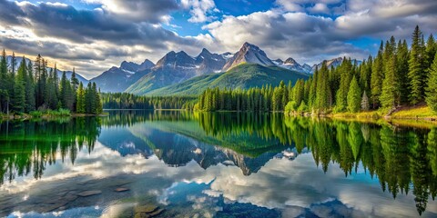 Poster - Beautiful lake reflecting trees in front of majestic mountains, scenery, nature, tranquil, water, blue, clouds