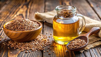 Poster - Close-up of linseed oil and flax seeds on a wooden table, health, nutrition, cooking, ingredient