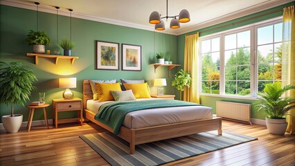 Poster - Cozy bedroom with bright colors and natural light , relaxing, comfortable, tranquil, peaceful, serene, cozy, bed, interior, home, light