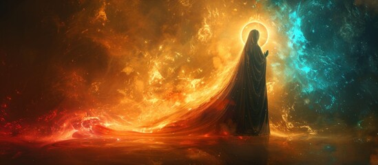 Poster - Silhouette of a Figure in a Fiery and Cosmic Landscape