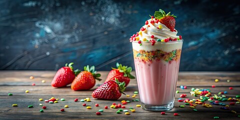 Sticker - Creamy and delicious strawberry milkshake with colorful sprinkles, flavored, milkshake, beverage, tasty, sweet, creamy