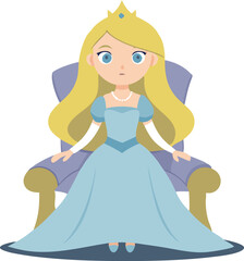 Illustration of a princess sitting on a throne in a light blue dress and crown