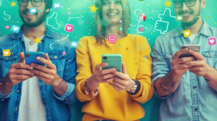 Close-up of a group of young people using social media on mobile phones with icons, thumbs up, like symbols floating in the air. an atmosphere that reflects communication with technology