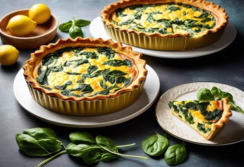 glistening golden quiche fresh spinach homemade savory pie dish, leaves, delicious, baked, crispy, crust, filling, creamy, eggs, cheese, flavorful, nutritious,