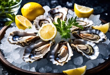 Wall Mural - fresh oysters lemon wedges ice seafood delicacy presentation, gourmet, cuisine, appetizer, shellfish, raw, citrus, slice, platter, table, restaurant, dining