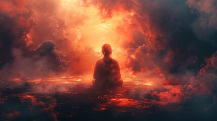 Canvas Print - Silhouette of a Person Meditating in a Surreal Sky