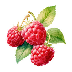 Wall Mural - Watercolor illustration of raspberries with leaves branch isolated on white, red raspberry illustration